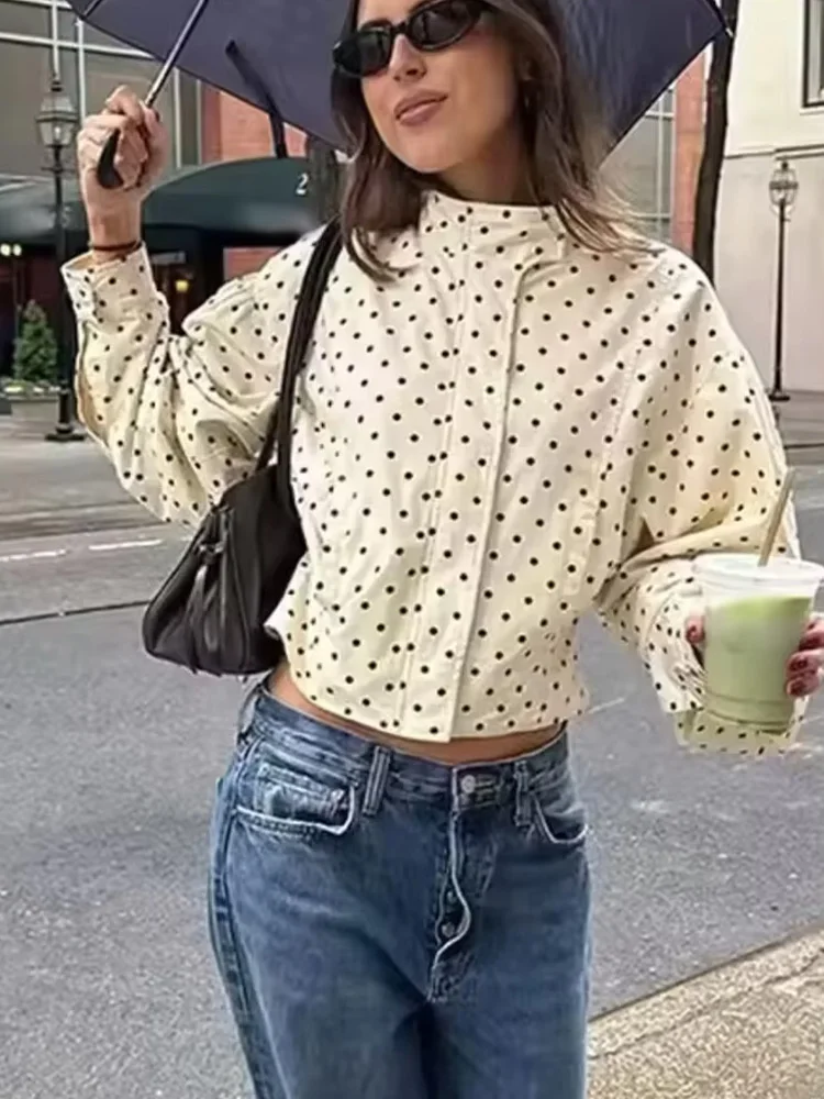 

HH Autumn Women Elegant Zipper Button Polka Dot Print Design Short Jacket Woman Chic Pocket Long-Sleeved Casual Coat