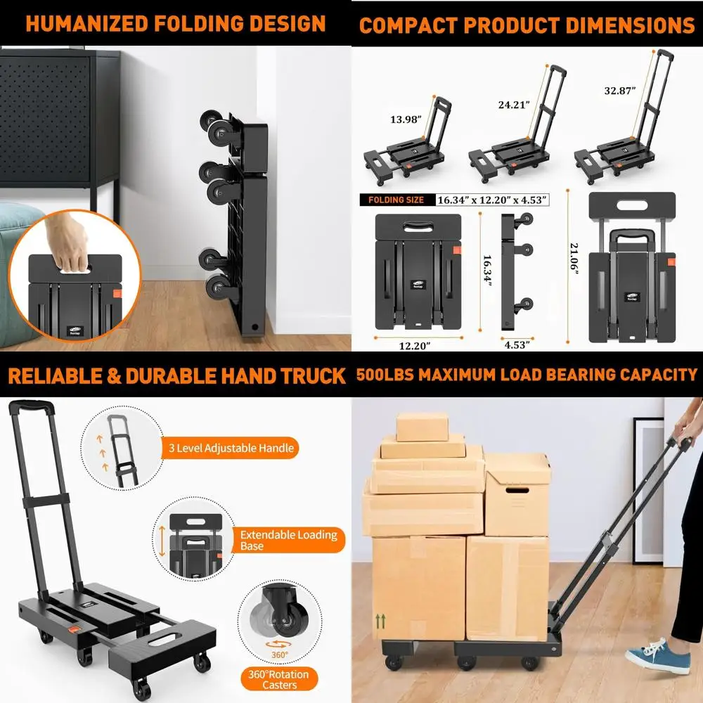 

Складная 6-колесная тележка для тяжелых грузов с грузоподъемностью 500 фунтов, портативная тележка для переезда и путешествий, черная