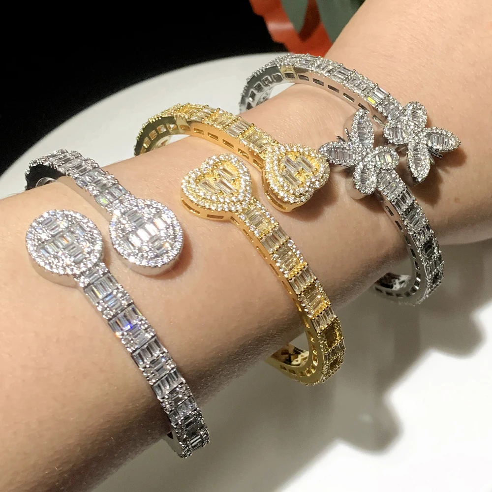 Nowy Iced Out Bling Butterfly bransoletka z serduszkiem kolor srebrny CZ cyrkon owalny amulet otwarty bransoletka dla kobiet mężczyzn Hiphop luksusowa biżuteria — zdjęcie 5