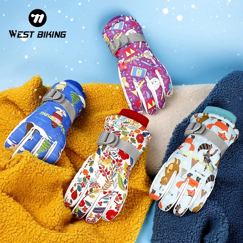 

WEST BIKING Winter Kids Ski Gloves Waterproof Warm Snowboard Gloves Children Skiing Snowmobile Mittens Boys Girls Sports Gloves