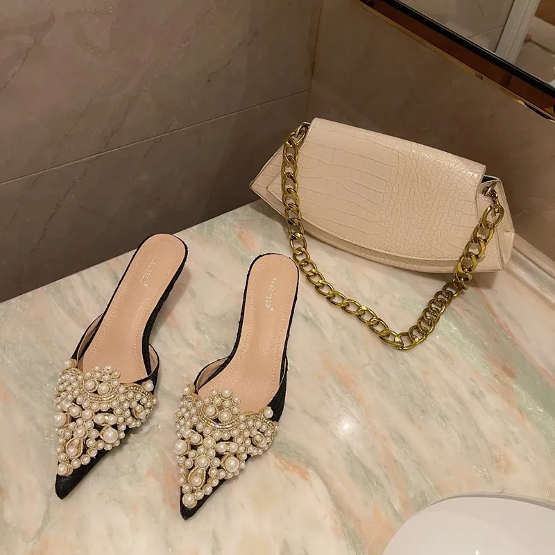 Designer Wedding Shoes Mid Heel Slippers Women Pearl Shoes Pointed Toe String Bead Pumps Lady Thin Heels Slides Elegant Female
