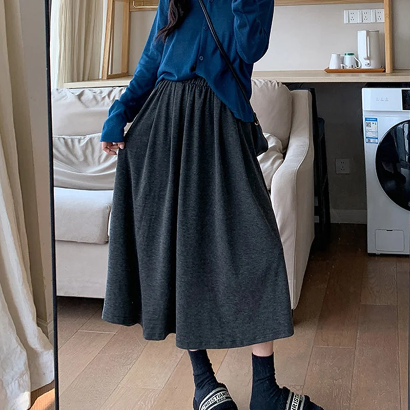 ربيع الخريف المرأة تنورة طويلة الكورية أنيقة الورك تغطي لينة محبوك التنانير امرأة مرونة الخصر الصلبة مطوي ميدي تنورة