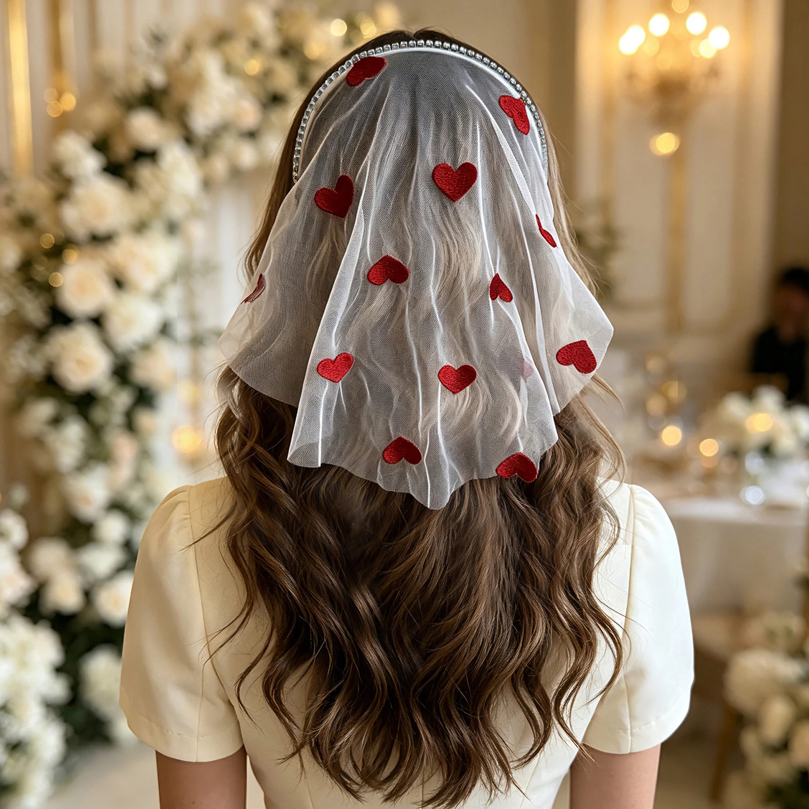 Short Red Heart Veil Headband, Wrapping Tulle Headpiece, Bridesmaid Accessory for Valentine's Day and Bachelorette Party SA264 view 6