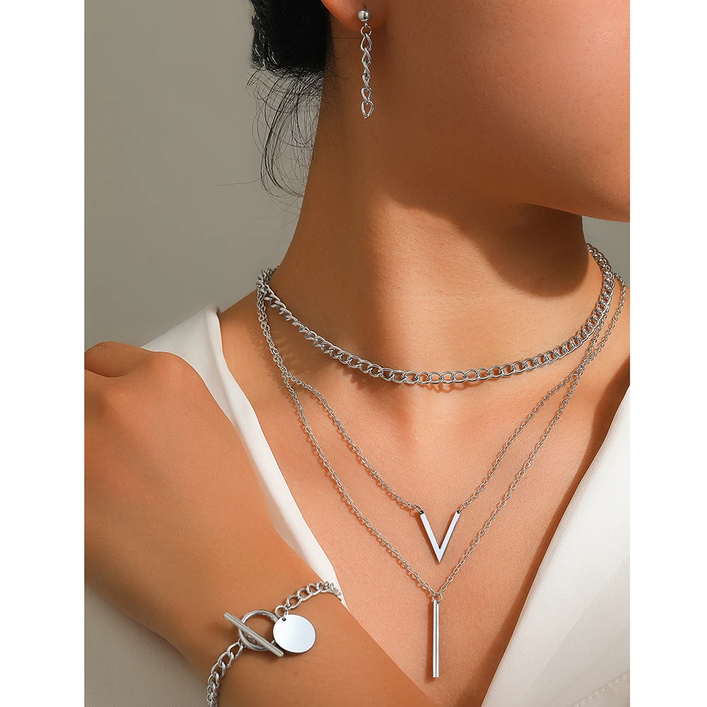 Stainless Steel Jewelry Set Fashion Hanging Bracelet Chain Earrings Cascading Chain Necklace Jewelry Set For Women Jewelry Gift