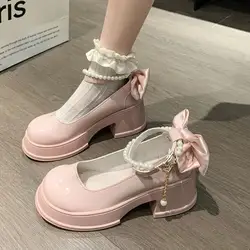 Pink Beaded Mary Jane Shoes Women's High-heeled Shoes Spring Autumn Wear Round Toe Shallow Sakura Pink Jk Uniform Platform Shpes