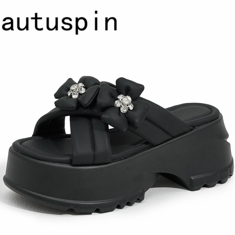 Autuspin 8cm Frau Hausschuhe Sommer Mode süße weibliche lässige Plattform Schuhe Mikro faser Leder Frauen Outdoor Slides Heels