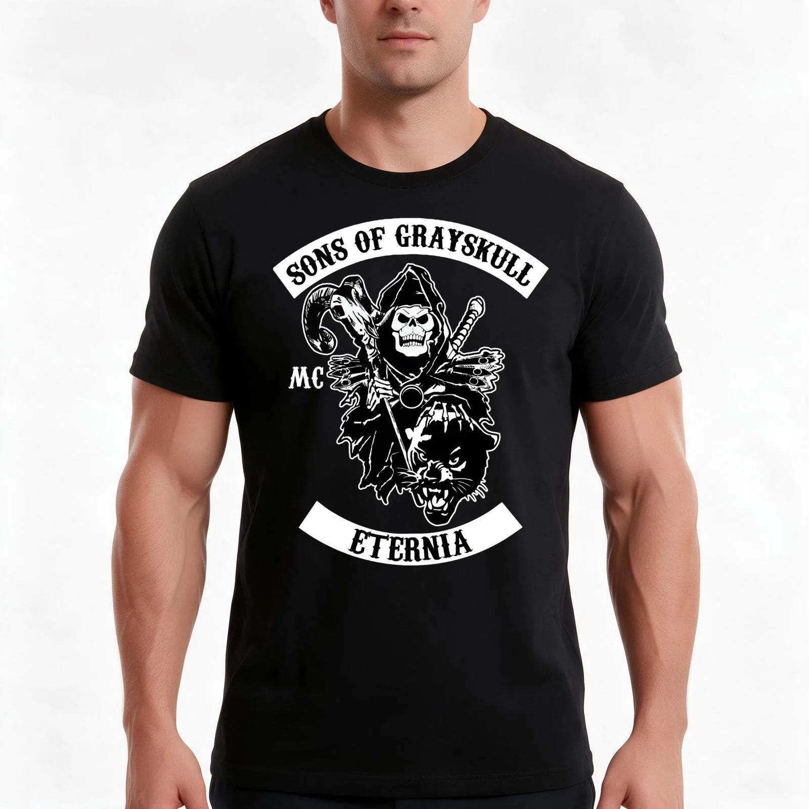 SONS OF GRAYSKULL!! (BLACK) T-Shirt, Summer Casual Cotton Tee, Oversized Streetwear Tops, Vintage Graphic Print, 100% Cotton
