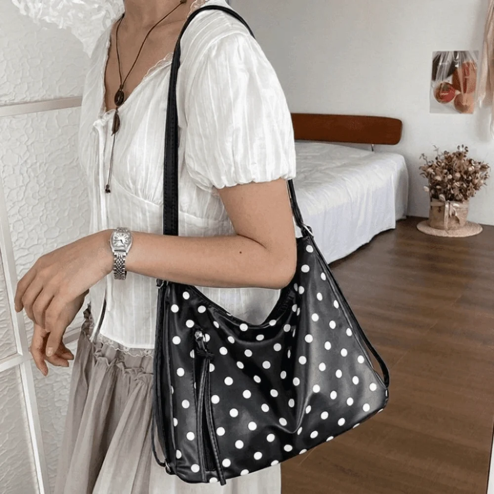 Casual PU Leather Polka Dot Shoulder Bag Lightweight Backpack Tote Bag Large Capacity Underarm Bag Bucket Handbag Work Bag
