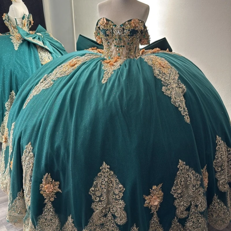 

Черновато-зеленые блестящие платья Quinceanera, бальное платье с открытыми плечами, аппликация, цветок, бусы, бант, тюль, корсет, вечерние, день рождения, сладкий