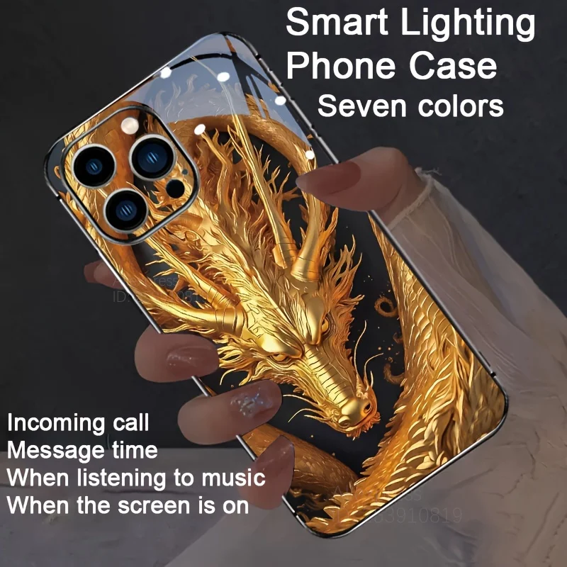 

Flame Dragon Totem LED Light Up Glass Phone Case For iPhone 16 Pro Max 13 12 11 15 Pro X XR XS 14 Plus 7 8 Phone Funda Glow