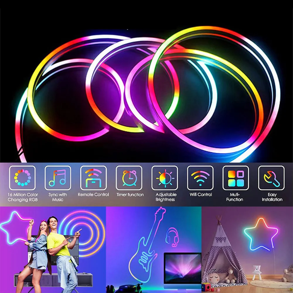 

Tuya Smart Wifi Color Neon LED Lights Strip Bluetooth Music Light With Flexible Silicone Running Water Lamp DIY Shape Room Decor