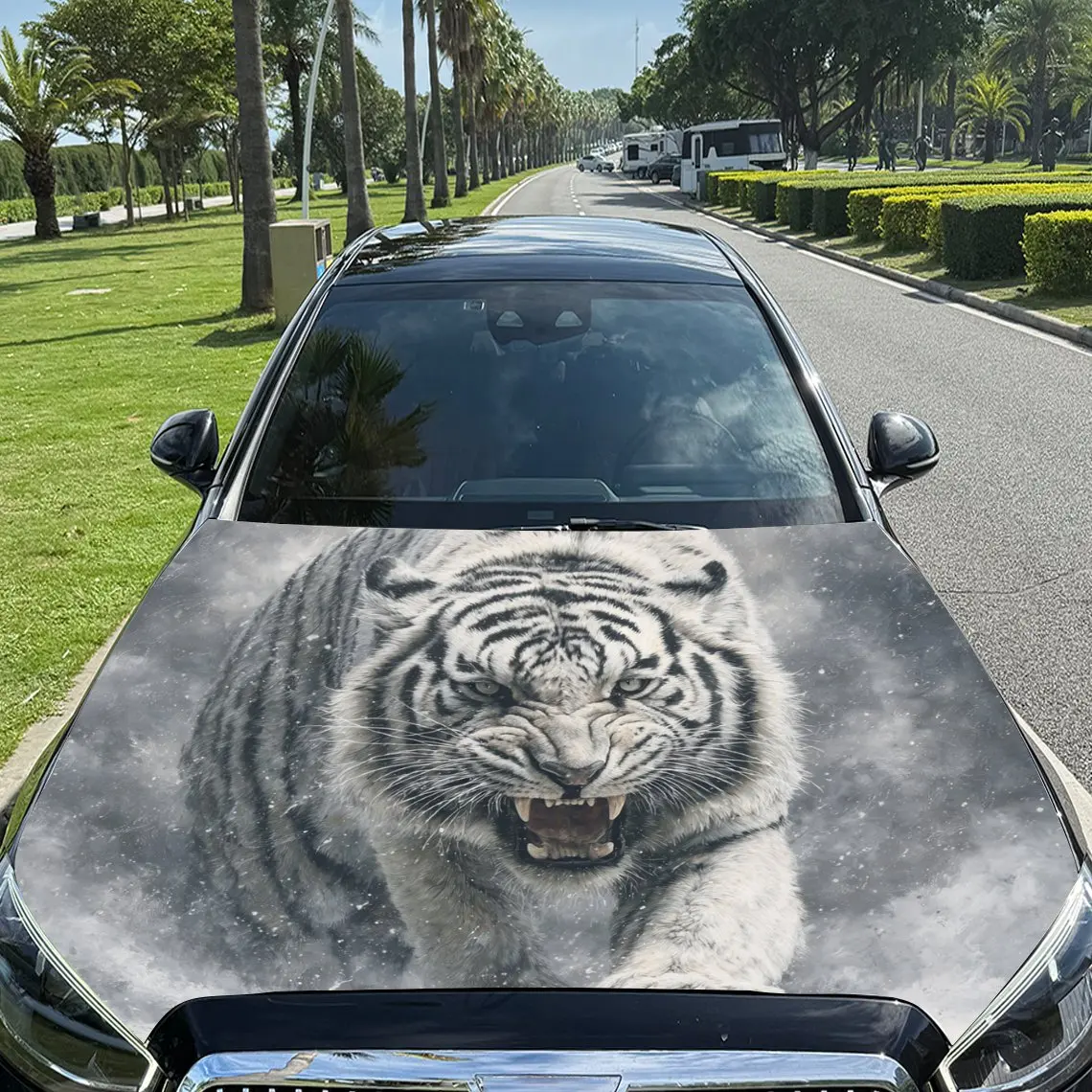 

Car Decals A White Tiger With A Fierce Look In A Misty, Grayish Setting Car Hood Sticker, Waterproof Self - Adhesive Vinyl Graph