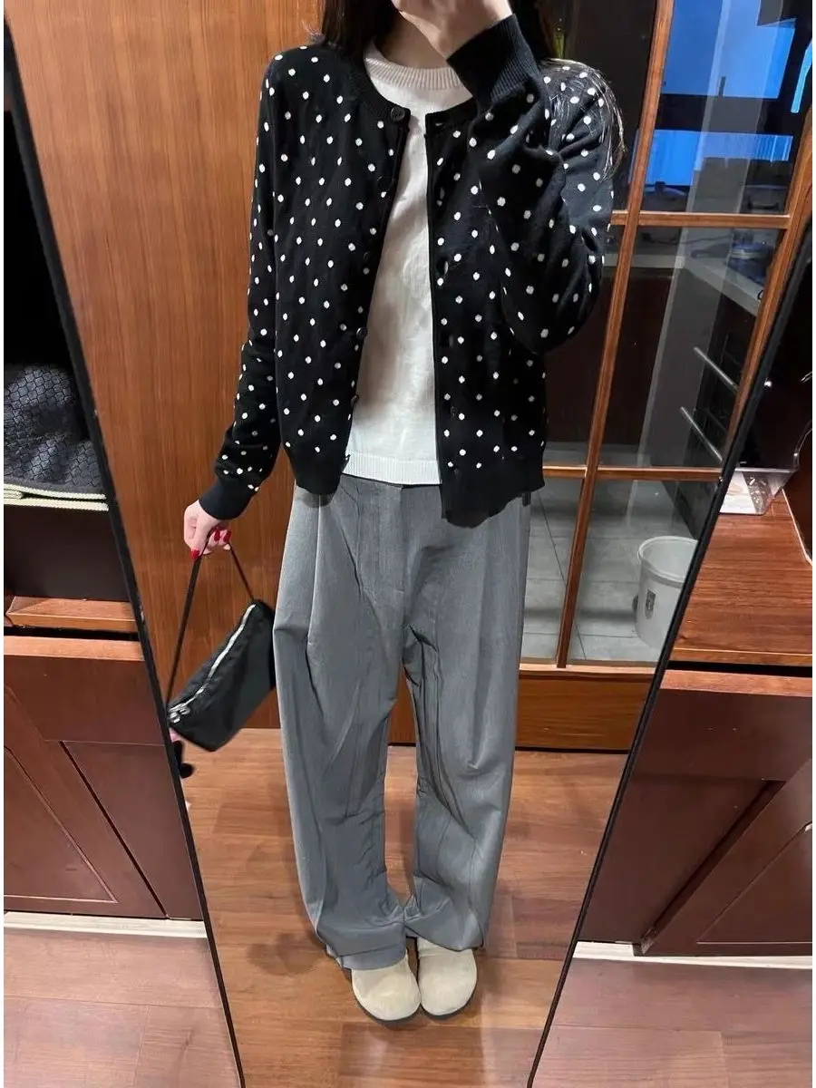 

2025 New Polka Dot Soft Cozy ort Women's Knitted Sweater Coat Spring Autumn Outerwear round Ne Long Sve Button up