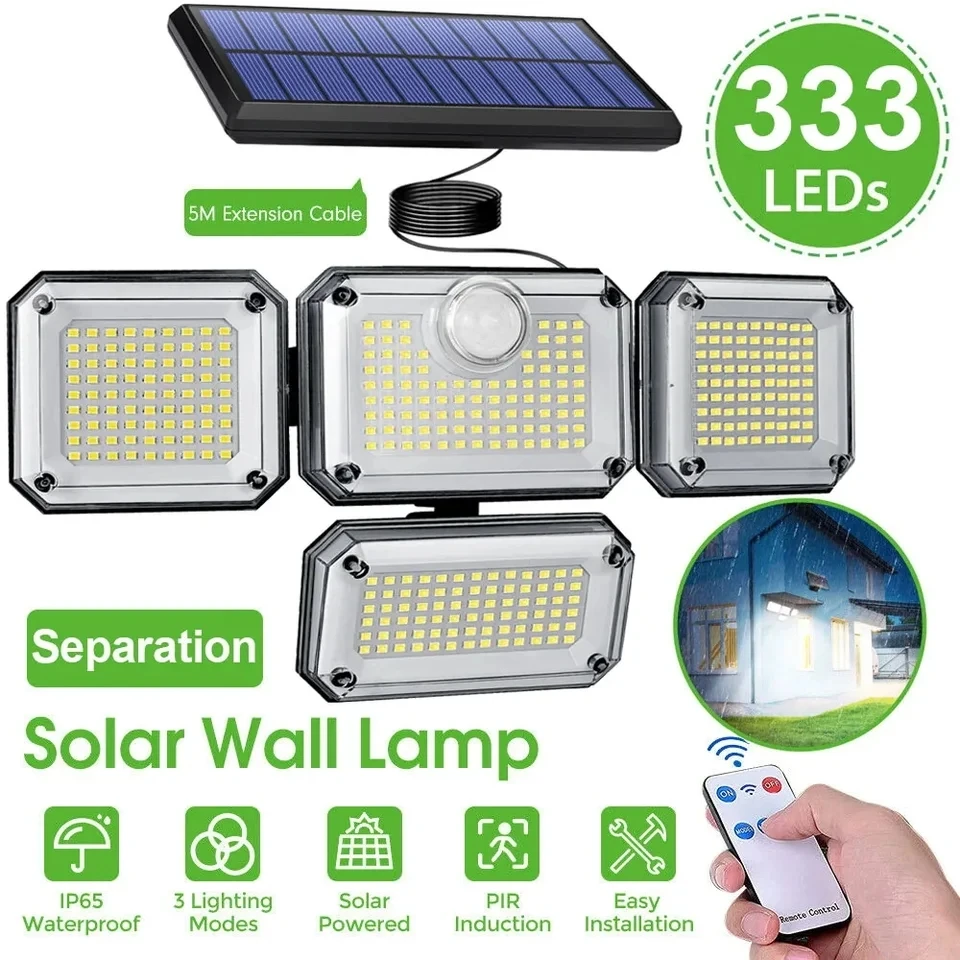 Waterproof Solar Powered Outdoor Light Motion Sensor 2000LM 333 LED Security Street Lamp Sconce Spotlights for Garden Decoration