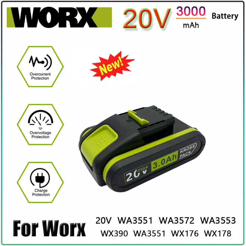 Worx-電動工具用の充電式リチウム電池,worx W3551 w3553 wx390 wx176 wx178 wx386 wx678,20v,3000mah