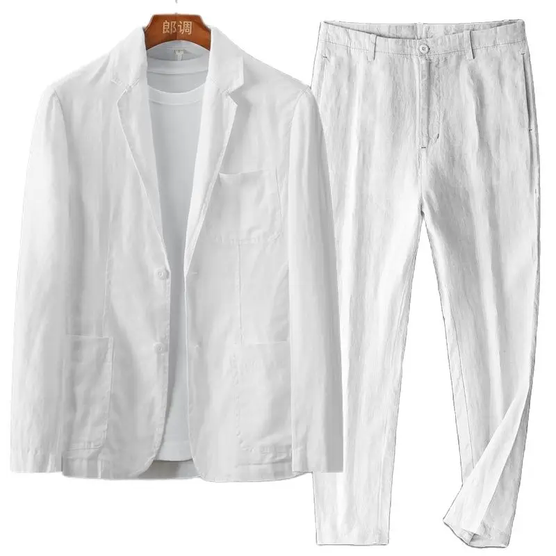 High Quantity Professional Simple Casual Linen Young Men Loose Handsome White Suit And Trousers Sexy Cool Contton Free Shipping