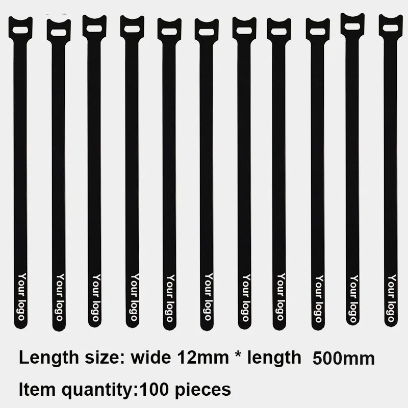 100pcs/lot 500mm Personalized logo  cable ties Adhesive Fastener Tape  Hook  Loop stick bulcker Belt Bundle Wire Line Strap cord