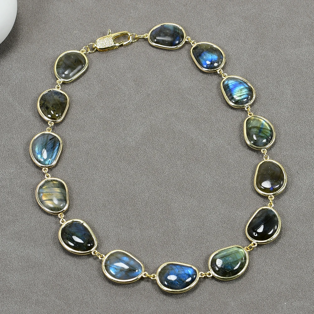 GG 17'' Natural Labradorite Stone Smooth Gold Plated Connector Statement Chokers Necklace Fashion Women Jewelry Gifts