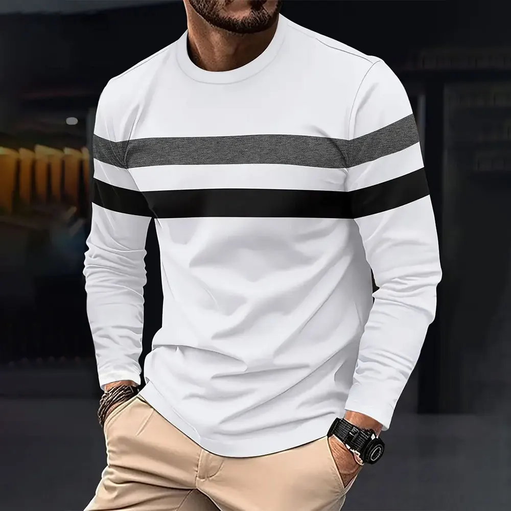 Leisure Sport Coat The Man Loose Big Yards Chromatic Stripe T-shirt New Age Season Fashion Round Neck Long Sleeve Blouse