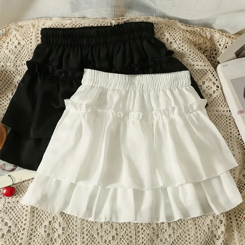 

White Cake Skirt Ruffles Design Sweet Preppy Style A-word Version Elastic Waist Women Chiffon Skirt Slim Thin Casual Summer F99