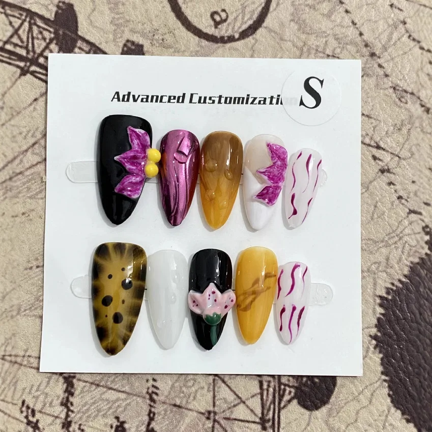 10 stuks handgemaakte amandelpers op nagels met 3D handgesneden duivelsbloemontwerp Japanse nepnagels Tips Ins mode nepnagels