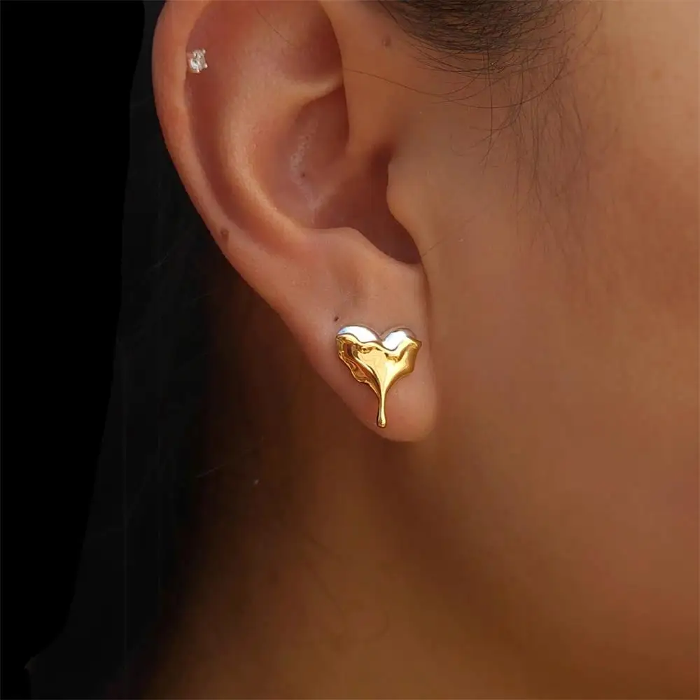 Charm Gold Silver Mix Color Liquid Heart Small Stud Earrings for Women French Jewelry Party Gifts Love Dripping Ear Studs Bijoux