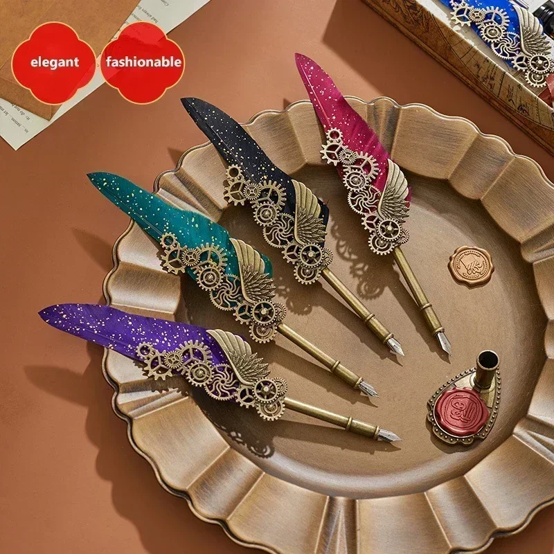 

Retro Mechanical Punk Gear Feather Pen Dip Ink Pens+5 Nibs Set Business Gift Signature Pe-n To Send Friends Holiday Gifts