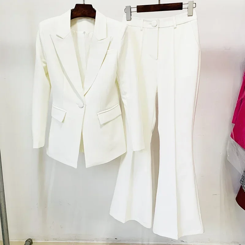 Blazer formal feminino e conjunto de calças, moda elegante do trabalho, jaqueta senhora do escritório, casaco, vestido de formatura, smoking branco de casamento