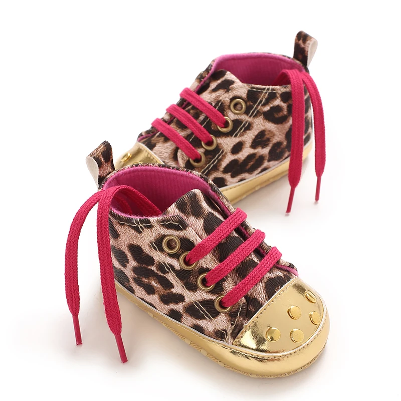 0-18 Months Baby Canvas Classic Sports Shoes Girl Leopard stripe tie one's shoes First Walkers Shoes Infant Anti slip Baby Shoes