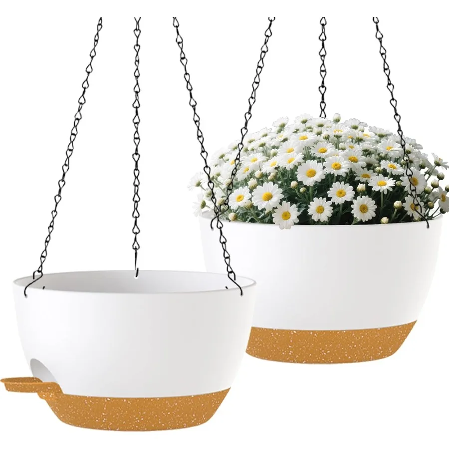 

2 Pack 12 Inch SelfWatering Hanging Planters for Indoor and Outdoor Use with Drainage Holes and Saucer White and Brown Plastic
