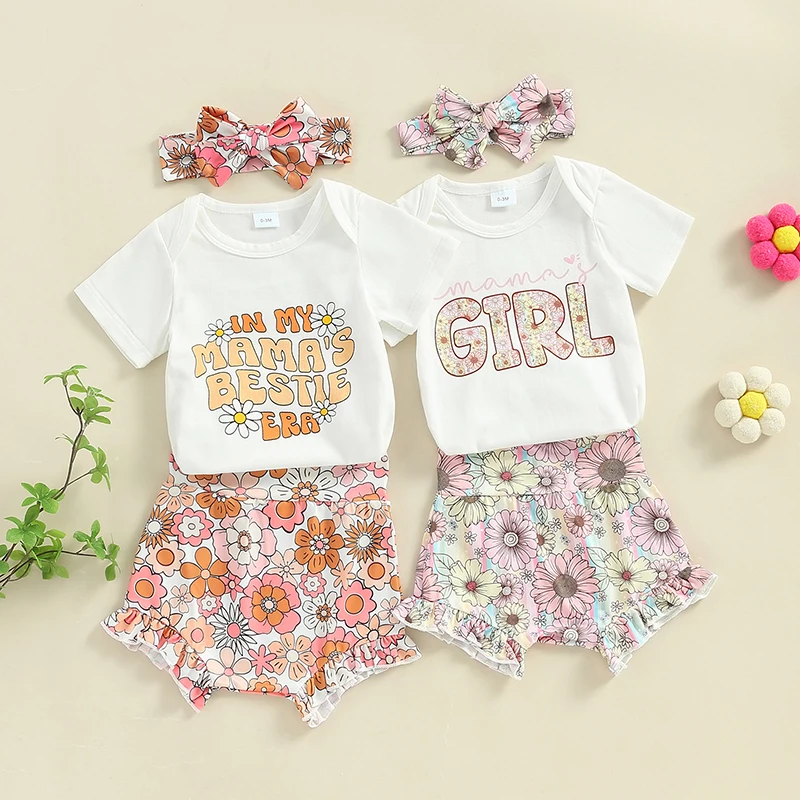 

2024-03-12 Lioraitiin 0-18M Newborn Baby Girls 3Pcs Summer Outfit Short Sleeve Romper + Sunflower Shorts + Headband Set Clothes