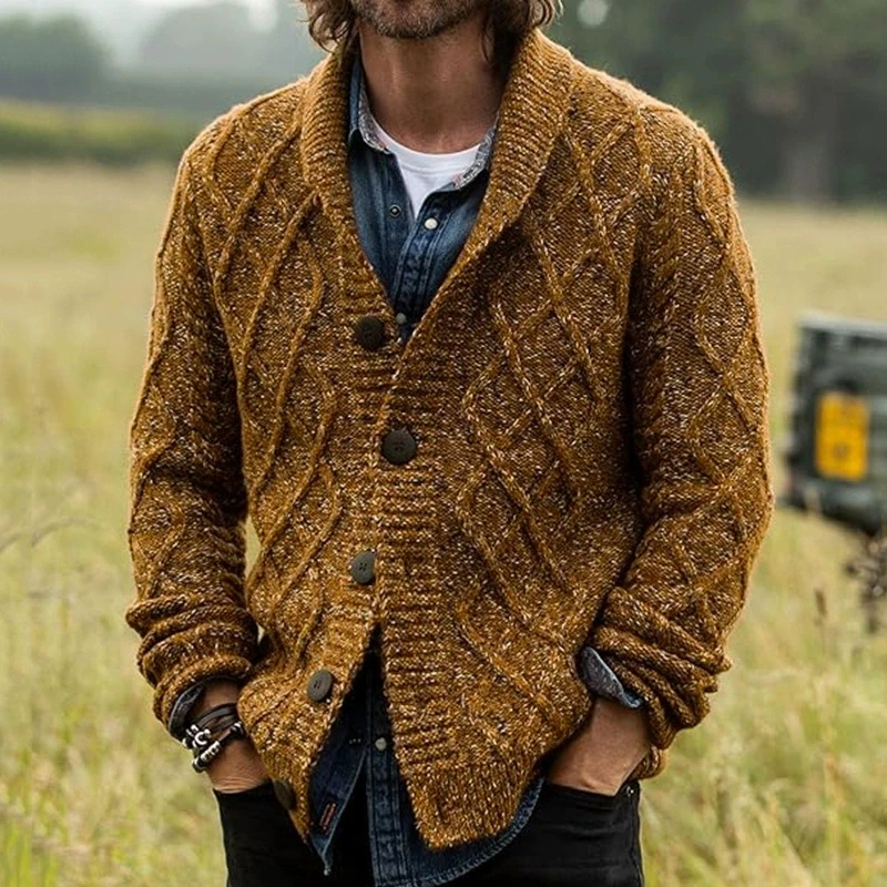 Maglione cardigan lavorato a maglia con motivo a rombi retrò da uomo, giacca maglione di lana spessa stile autunno e inverno alla moda per uomo