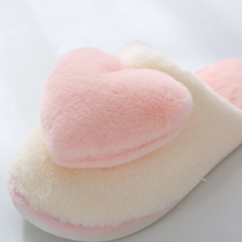 Winter Warm Heart Pattern Cotton Slippers Women Indoor Casual Comfortable Sandals Men Faux Fur Thicken Plush Sandals Adult Shoes view 5