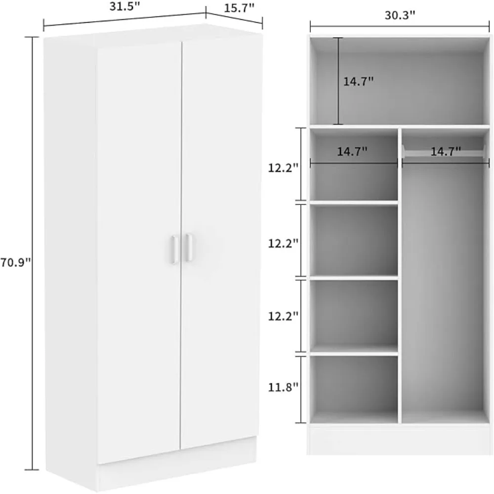 Double door wardrobe with hangers, drawers, and shelves, independent wooden storage cabinet with carved lines and silver handles