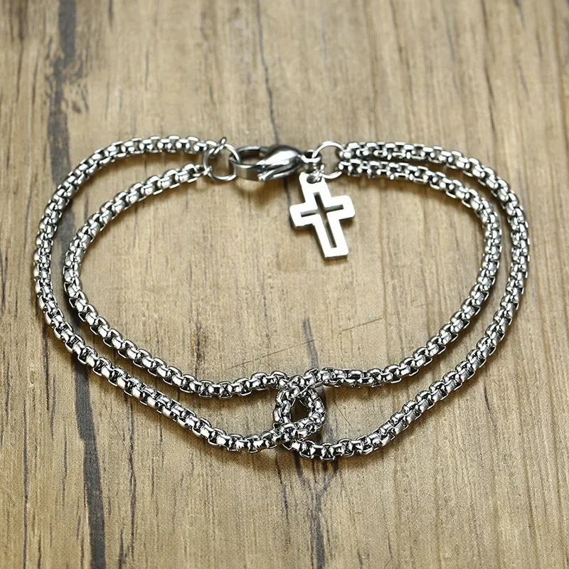 Double Strand Rolo Chain with Cross Charms Bracelet for Men Stainless Steel Lobster Claw Clasp Closure