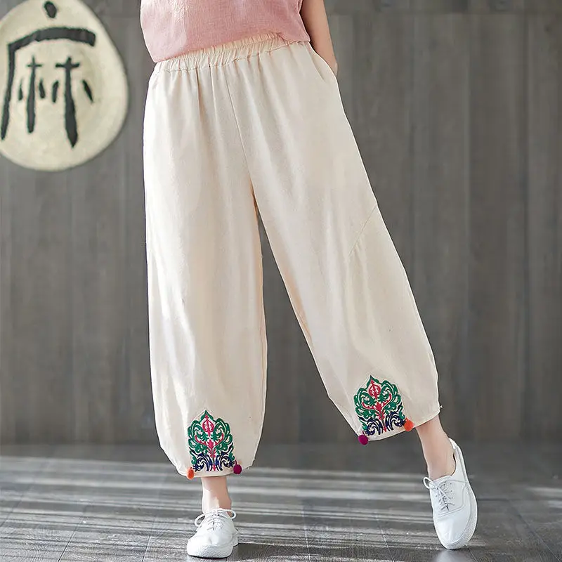 National Style Nine -point Children's Clothing Summer New Literary Retro Loose Casual Embroidered Embroidered Lantern Pants