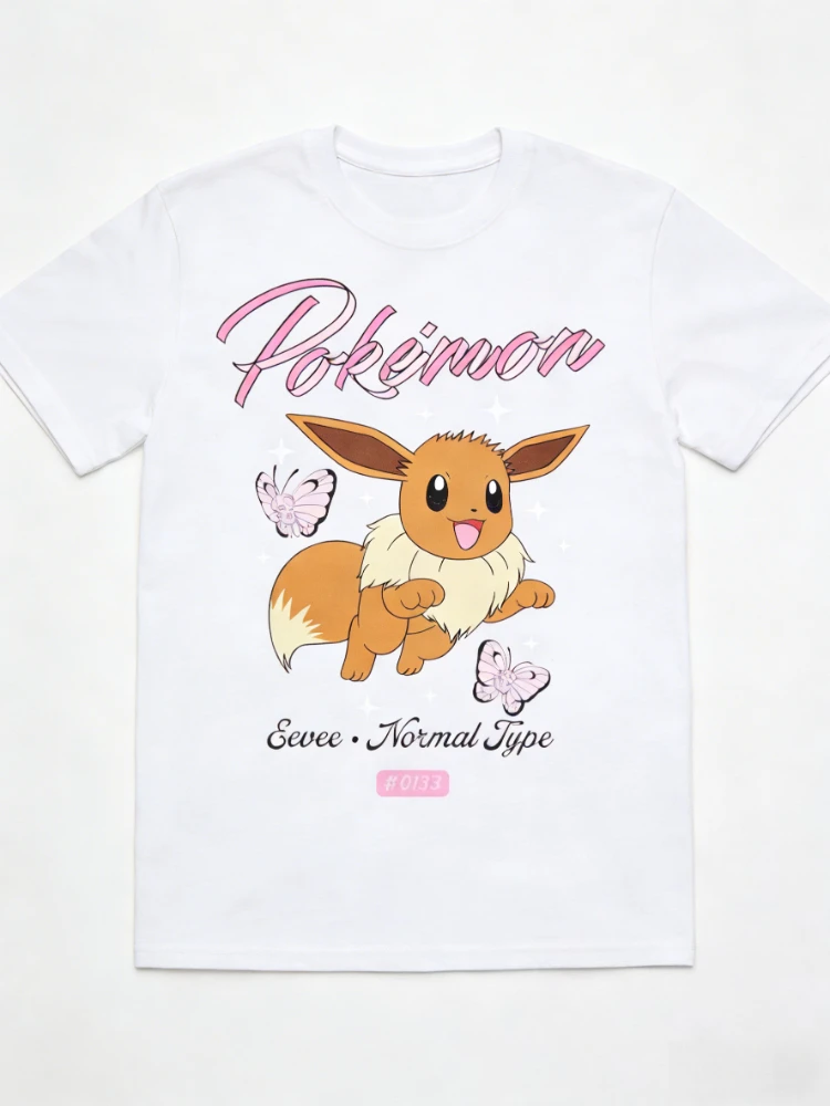 Bandai New Pokemon Genie Eevee Butterfly Print High Quality Fashion Men's Short Sleeve Parent-Child Loose Comfortable T-Shirt