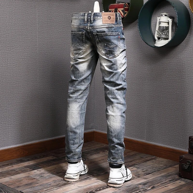 Italian Style Fashion Men Jeans Retro Blue Elastic Slim Fit Ripped Jeans Men Trousers High Quality Vintage Designer Pants Hombre