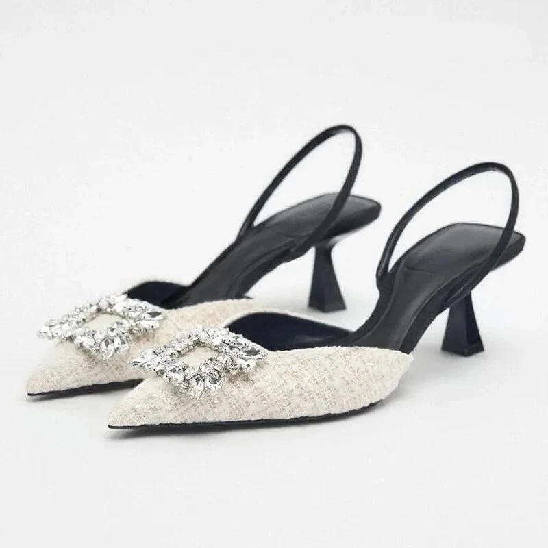 Square Rhinestone Mid Heels Pumps For Woman White Tassel Texture Black Sole Slingbacks Shoes Women Point Head Spike Heel Sandals