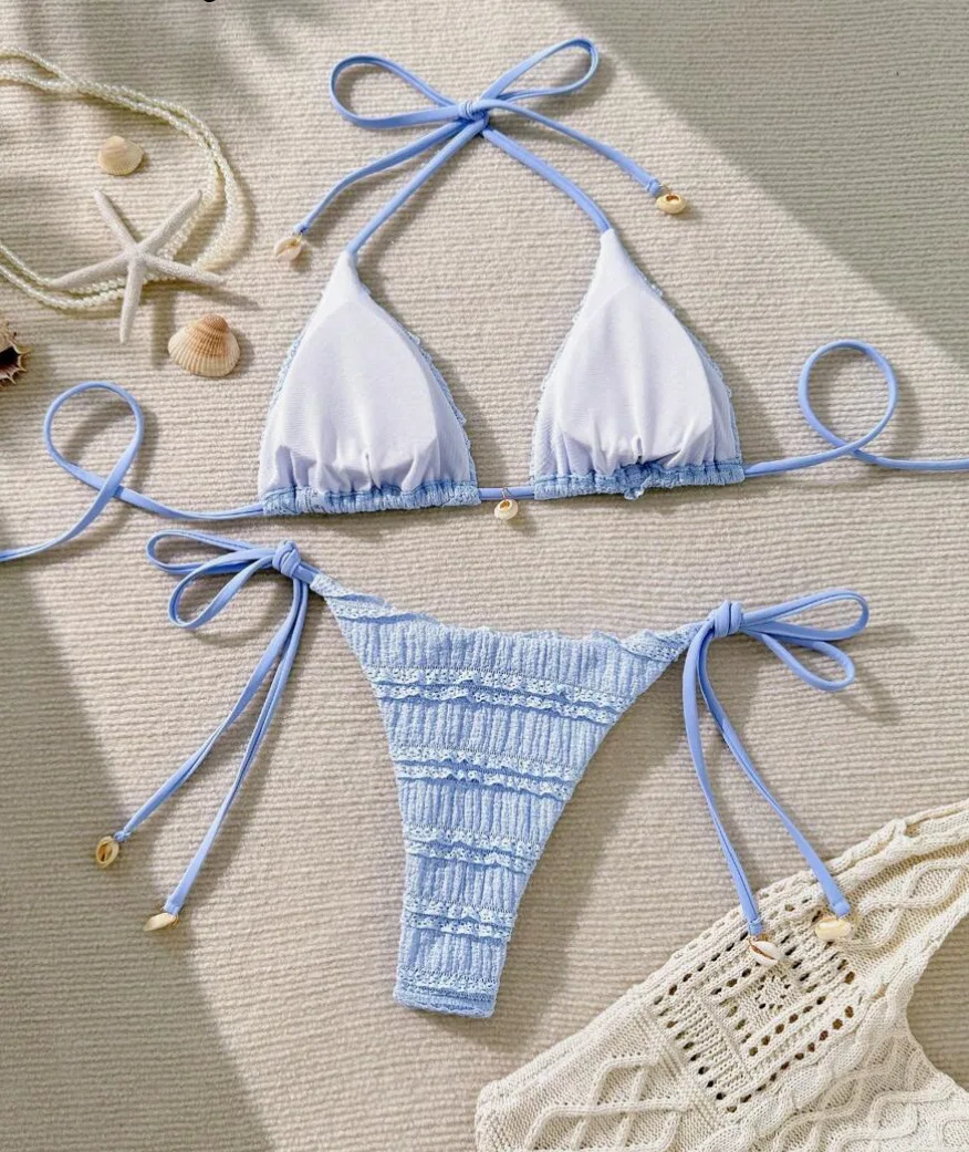 Sexy himmelblaue Muschel-Mikro-Bikini-Sets, zweiteilig, schlichte Neckholder-Badeanzüge, Strandmode, Badeanzug, Badebekleidung, Biquini, Tankini