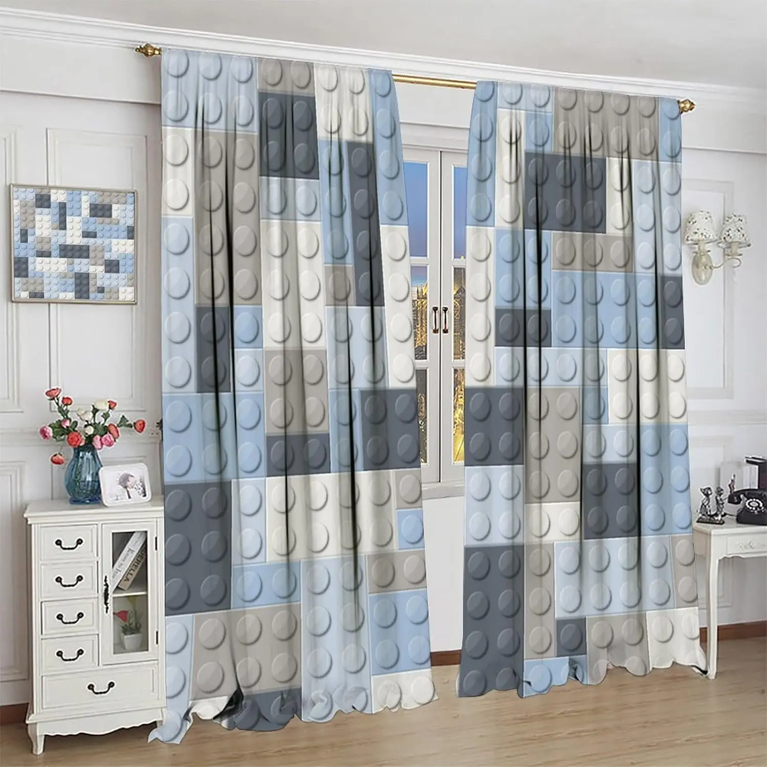 Colorful Building Block Toy Curtain Rod Pocket Children's Nursery Rainbow Contour Plastic Toy Brick Geometric Print Pattern