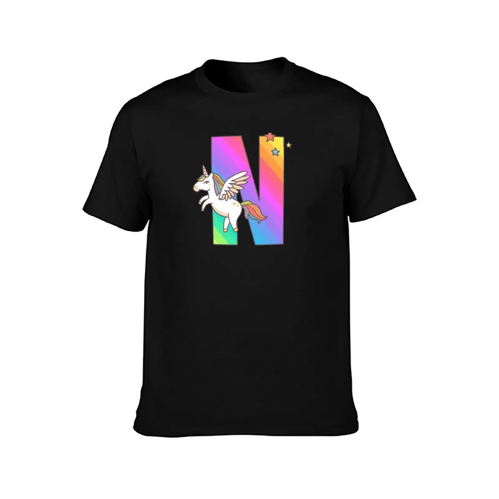 Unicorn Monogram Letter N Initial Cute Birthday Gift T-Shirt Summer Casual Cotton Tee Oversized Streetwear Tops 100% Cotton