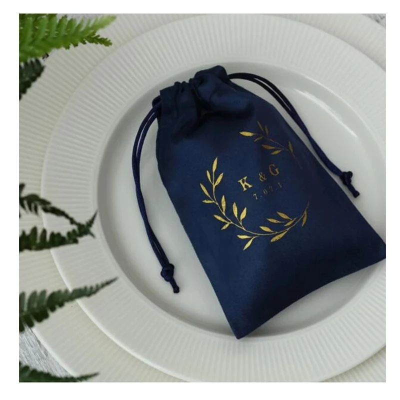 Navy Blue Flannel Velvet Drawstring Pouches, Jewelry Gift Bags, Wedding Packaging, Favor Cosmetic Bags, Custom Logo, 50