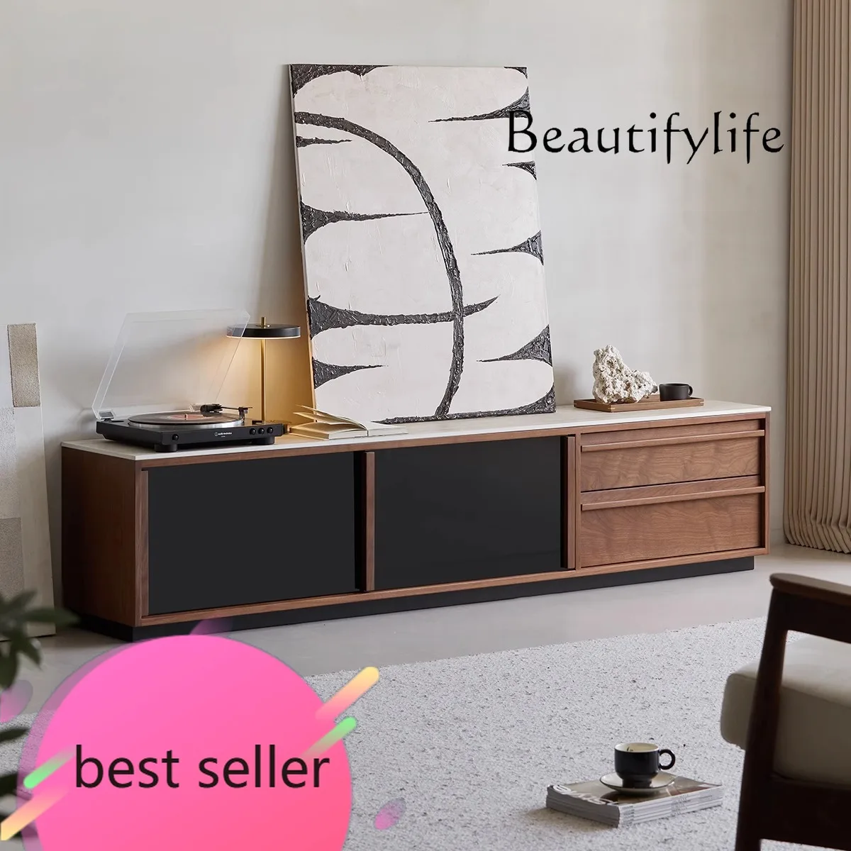 

F Medieval Solid Wood TV Cabinet, Living Room Home High-grade North American Black Walnut Floor Rock Slab Locker