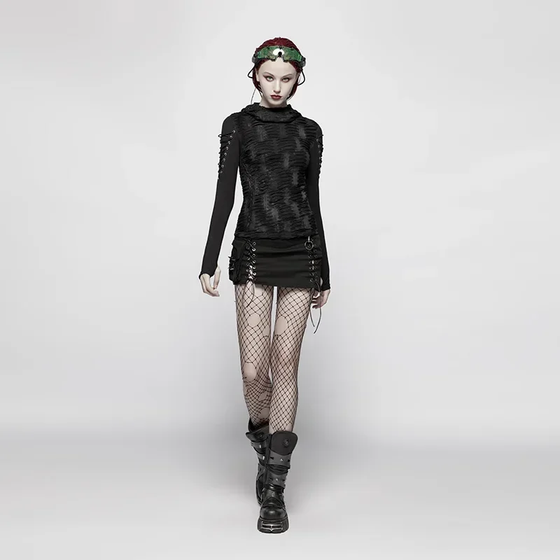 PUNK RAVE nuevo estilo gótico Rock moda doble capa Irregular con capucha Casual negro Punk novedad manga larga mujer camiseta oscura