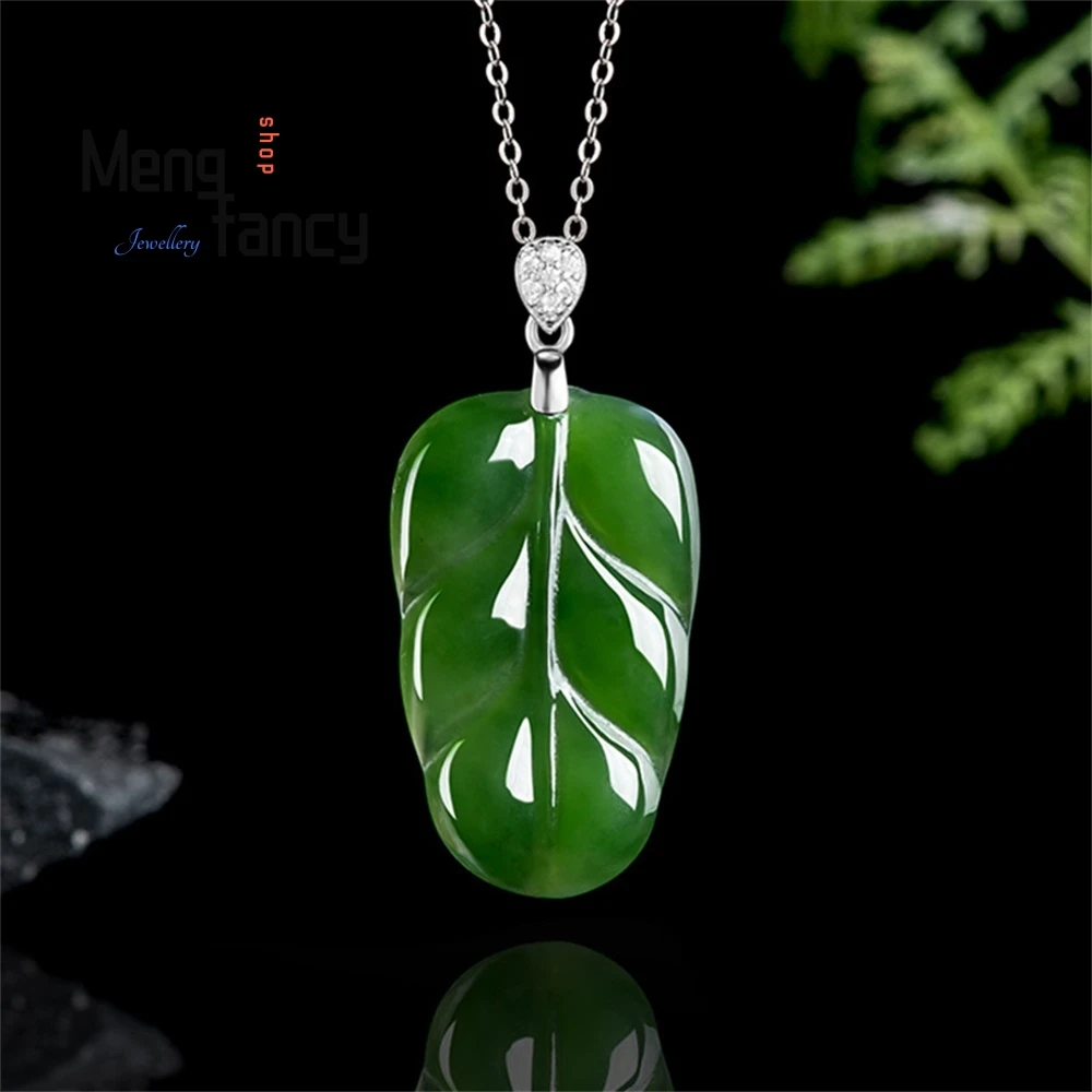

Spinach Green Old Material, Hetian Jade, Green Jade Leaves, Genuine 925 Silver Inlaid Natural Jade Necklace For Men And Women