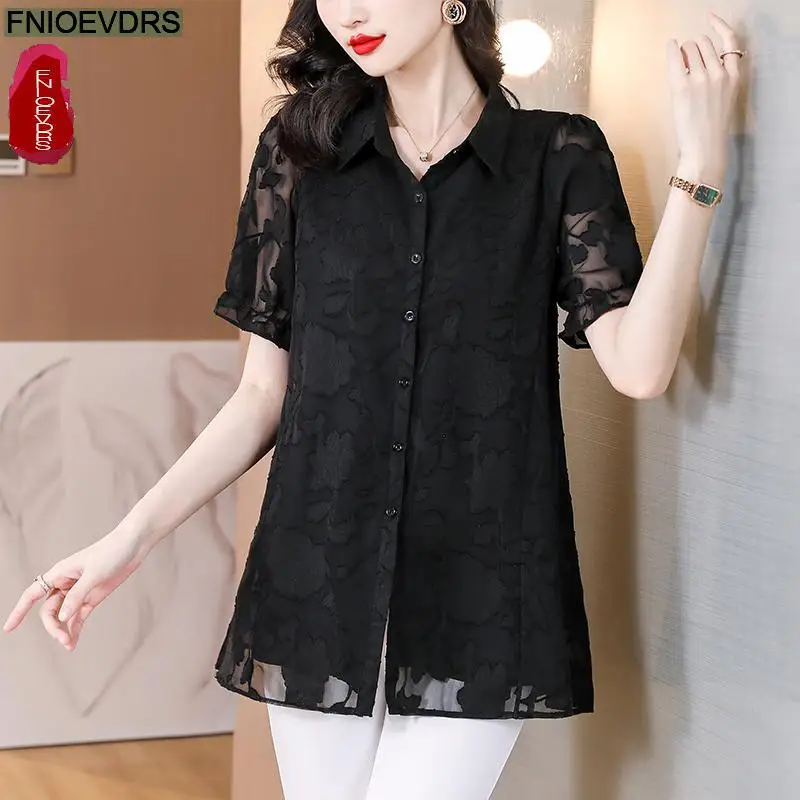 M-5XL 2023 Women Summer Short Sleeve Elegant Office Lady Work Button Shirt Casual Tunic Black Lace Tops And Blouses