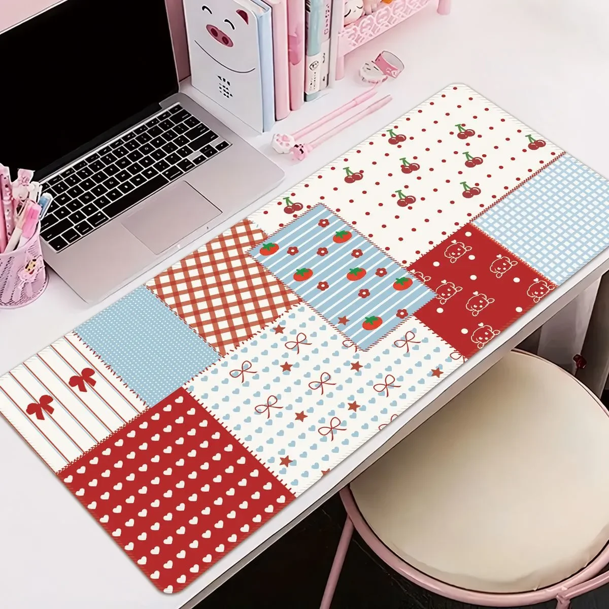 

Gaming Mouse Pad, Large Desk Mat, Anti-slip Rubber, Stitched Edges, Cute Cherry & Plaid Patchwork Print, Extended Office Mat