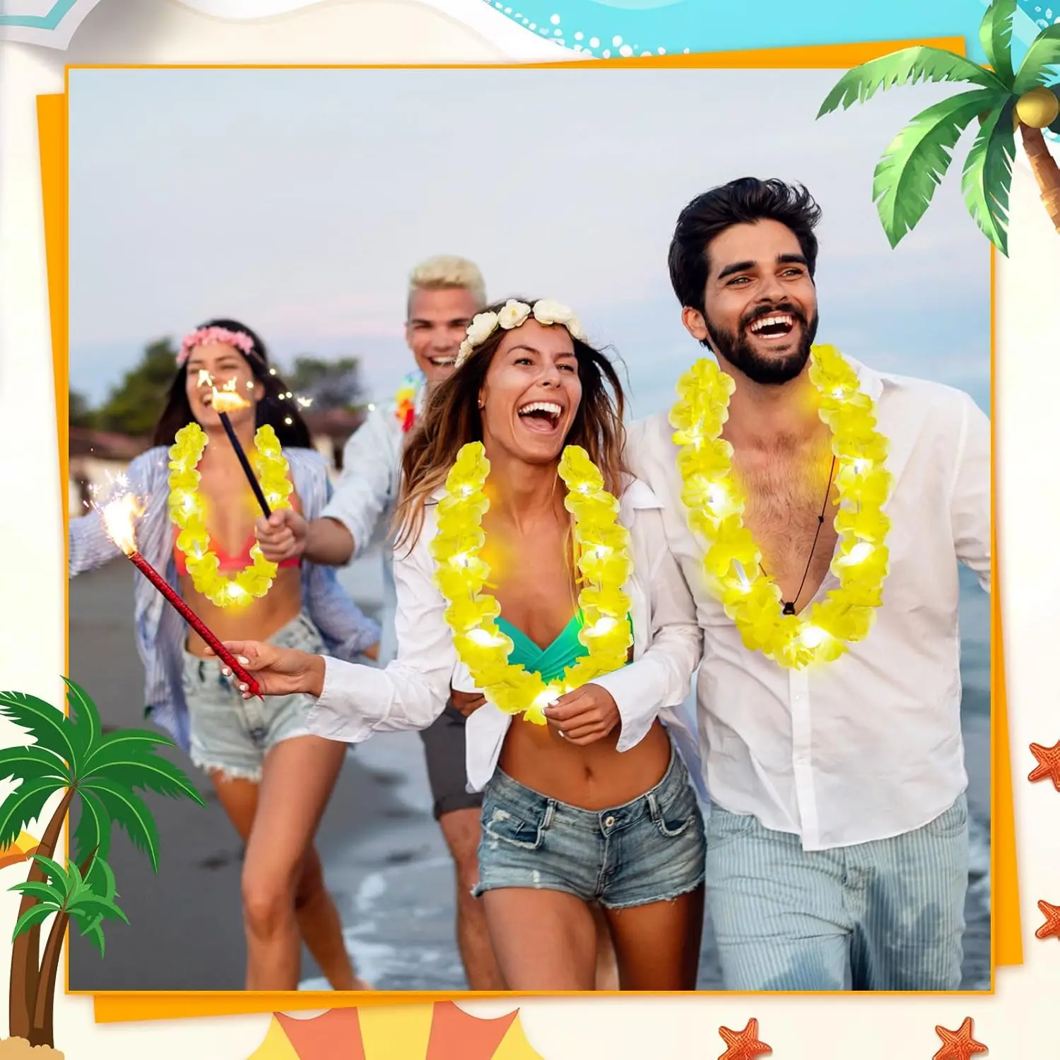 24 قطعة LED الأصفر ليز تضيء هاواي ليس زهرة قلادة الشاطئ الاستوائية كرنفال حفل زفاف لوازم Luau للحفلات التنكرية