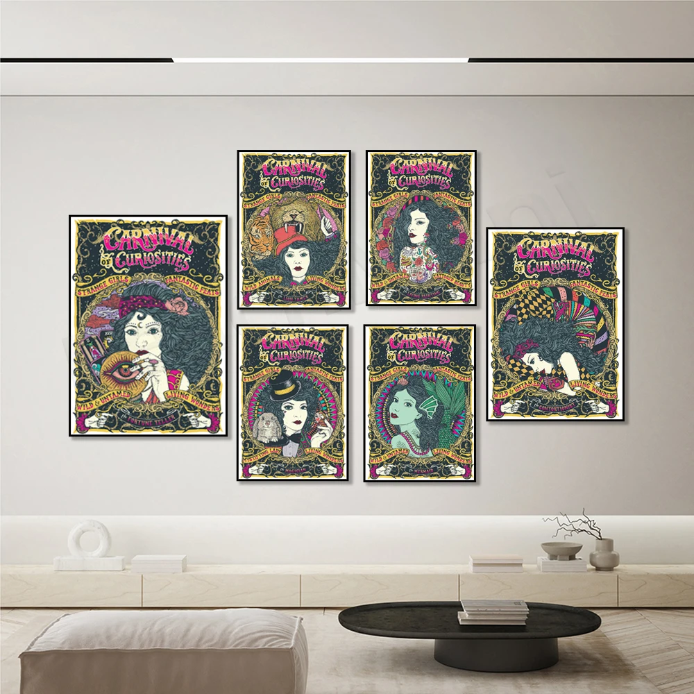 

Circus Poster - Tattooed Woman, Fortune Teller, Magician, Snake Charmer Vintage Style Mardi Gras Print - Birthday Christmas Gift